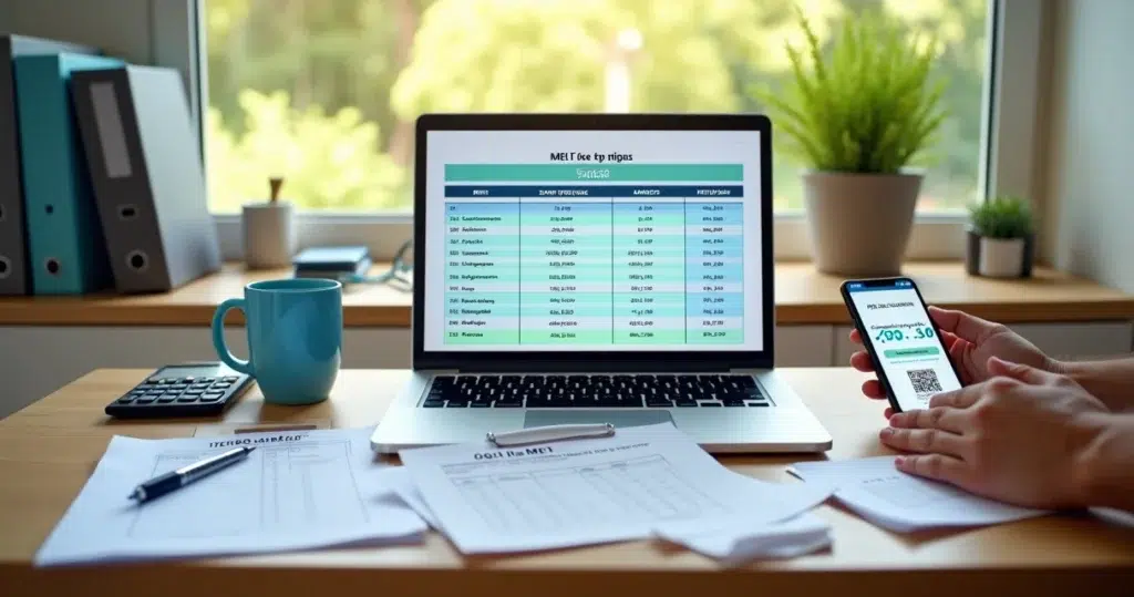 Mesa de trabalho com microempreendedor verificando tabela de impostos do MEI no notebook